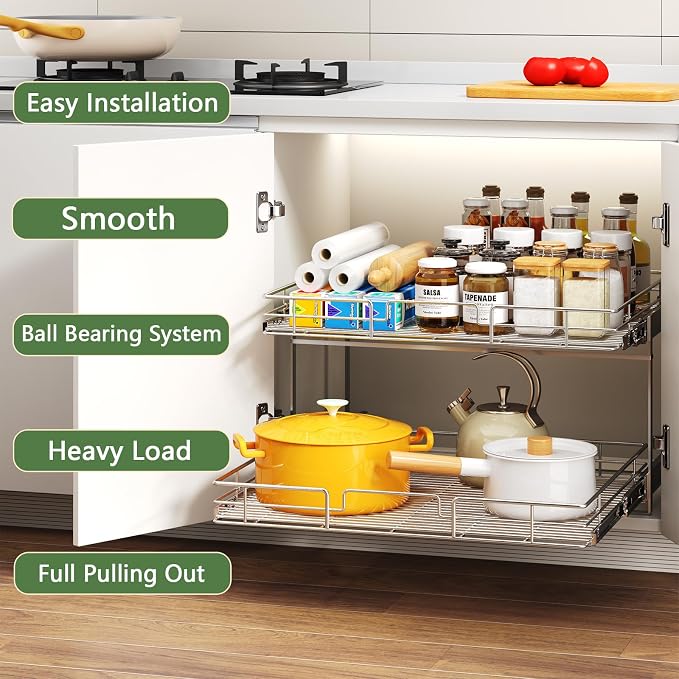 2 Tier Individual Pull Out Cabinet Organizer 30" W x 21½" D, Heavy Duty Cabinet Pull Out Shelves, Slide Out Drawers Organization for Kitchen Cabinets Bathroom