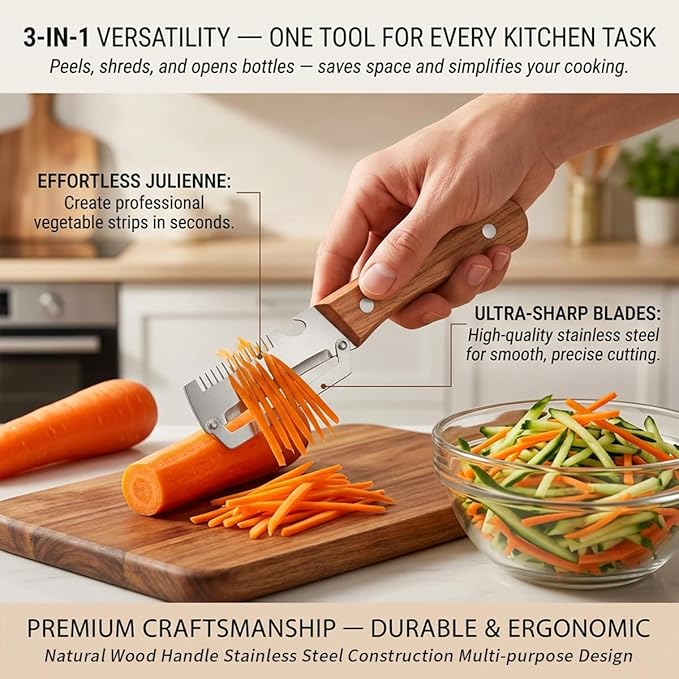 Vegetable Peeler for Kitchen – Multifunctional Stainless Steel Peeler with Wooden Handle & Bottle Opener, Durable for Fruits and Vegetables