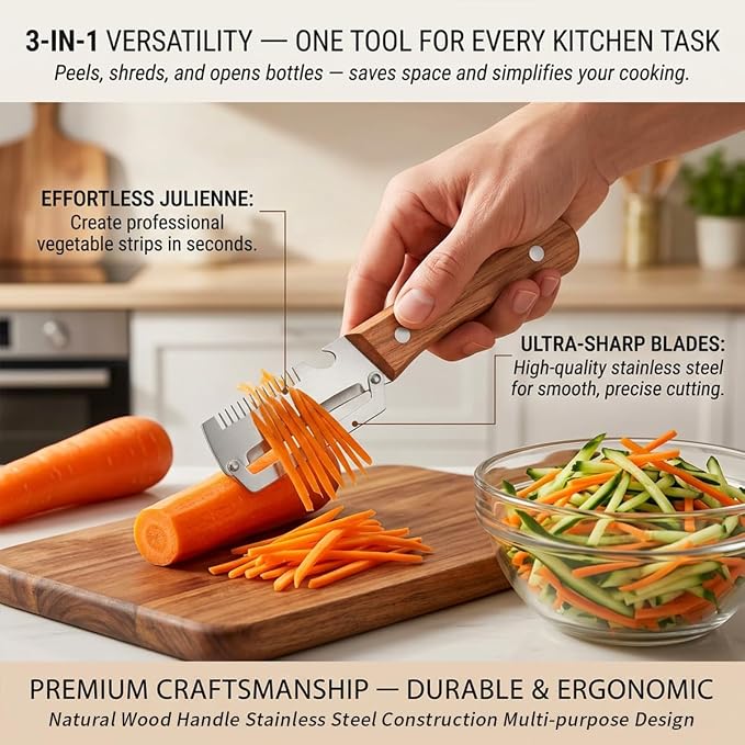 2 Pack Multifunctional Vegetable Peeler, 3-in-1 Peelers For Kitchen with Bottle Opener, Sharp Stainless Steel Swivel Blade, Wooden Handle, For Vegetables or Fruits that Need to Be Peeled