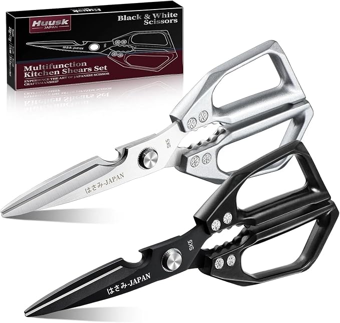 Huusk Kitchen Shears Set, Japanese Steel Kitchen Scissors for Food | Heavy Duty Cooking Scissors all Purpose for Meat, Fish, Vegetables, Chicken Bones, Turkey, Gifts for Women, Non-Slip Handles