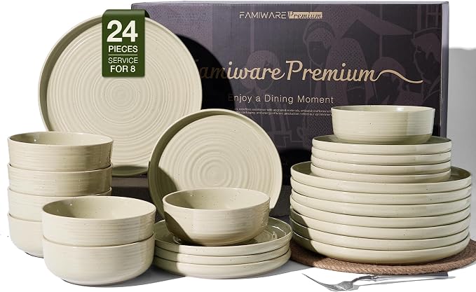 Stoneware Dinnerware Sets with Pasta Bowls, Service for 6 | 24-Piece Ceramic Plates and Bowls, Speckled Spiral Dishes, Chip & Scratch Resistant, Microwave & Dishwasher Safe, White Honey