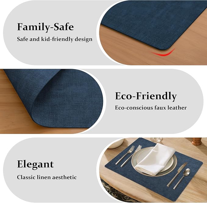 FROMHEART Faux Leather PU Placemats Set of 6 (Dark Blue,11.8" x 17") | Waterproof,Heat/Oil Stain-Resistant Table Mat–Reversible,Non-Slip,Easy to Clean Place Mats for Kitchen,Dining,Indoor/Outdoor