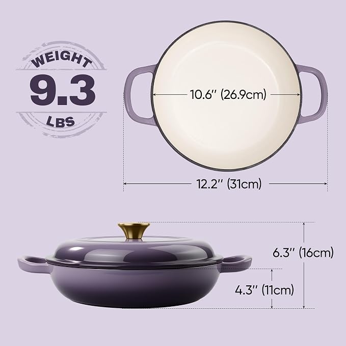 3 Quart Enameled Cast Iron Braiser, Non Stick Enameled Cast Iron Skillet with Lid, Dutch Oven Skillet with lid up to 500°F for Oven, Stove, Grill, Shallow Dutch Oven for Cook, Bake (Purple)