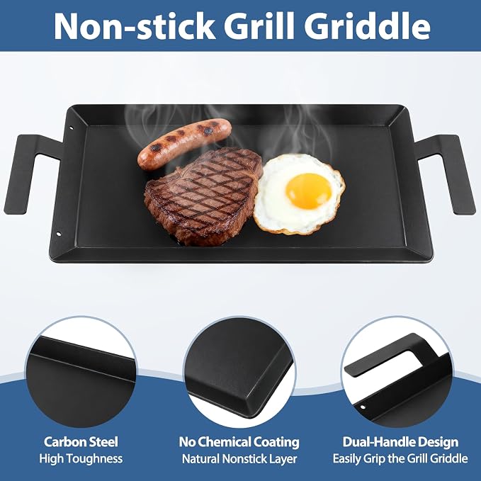 Carbon Steel Griddle for Gas Stovetop Grill Universal Professional Double Burner Cooking Plate for Induction Stove Top Electric Oven Flat Top Griddle Pan Replacement for Made In Cookware, 24" x 10.5"