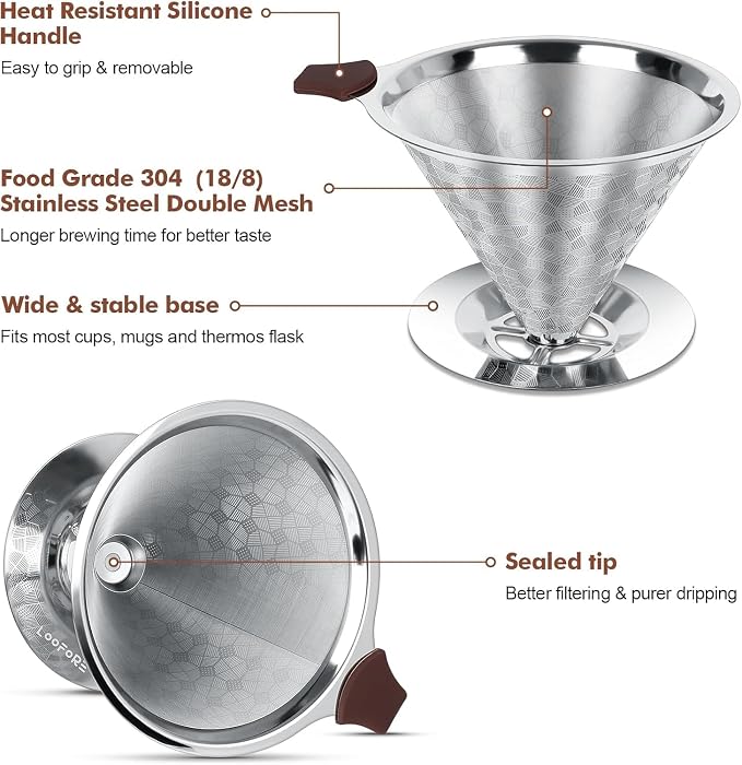 Pour Over Coffee Dripper, Double Mesh with Spoon and Cleaning Brush | Stainless Steel Coffee Filter 1-4 Cup, Metal Cone Filter Paperless, Reusable, Metal Strainer