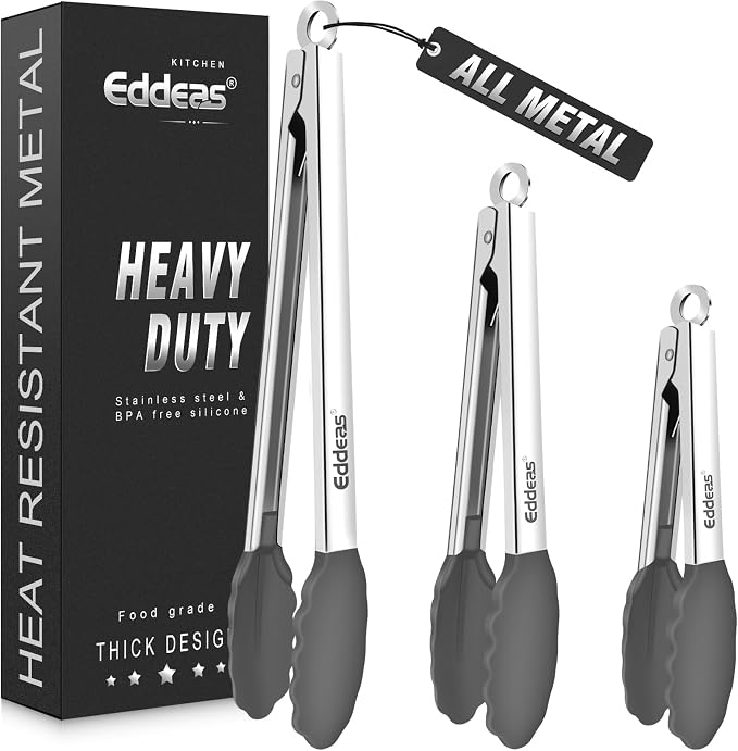 Tongs For Cooking - Silicone Metal Kitchen Tong 7" 9" & 12" Grey | 600°F Heat Resistant Silicone Tong, All Metal handle Locking Tongs with Silicone Tips, Heavy Duty Stainless steel