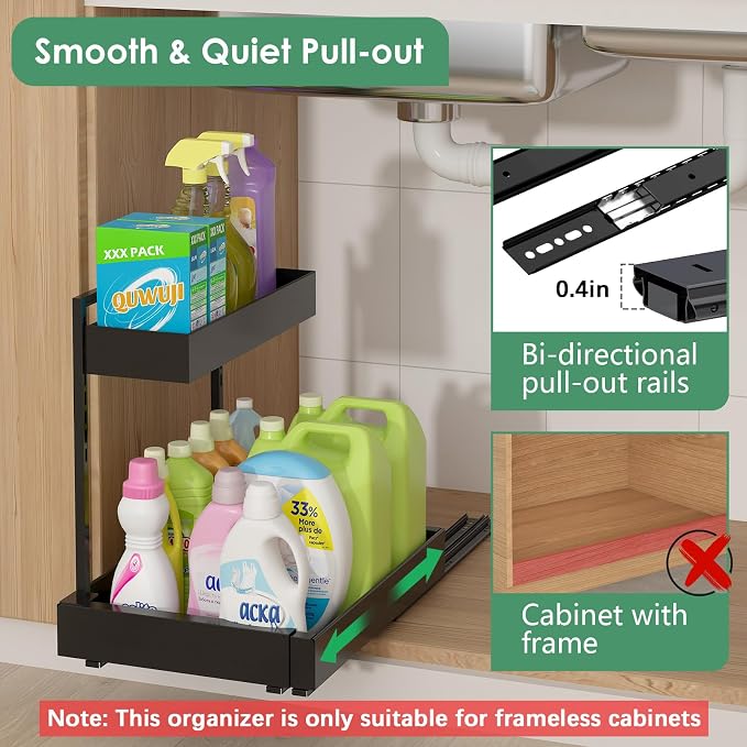 Under Sink Organizer, L-Shaped Pull Out Cabinet Rack for Kitchen | Expandable Width, 6-Level Height, Built For Bathrooms And Laundry Rooms, Quiet Sliding Rails, Duty Alloy Steel Frame,2 Pack