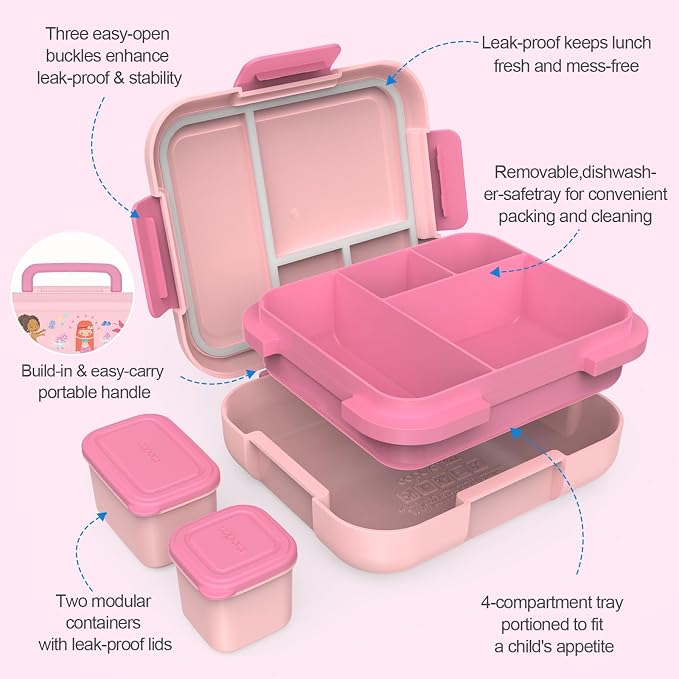 Caperci Bento Box for Kids Age 4-8 - Leak-Proof Toddler Lunch Box Container with 2 Modular Containers & 4 Compartments, Hold 4.8 Cups, Portable Handle, BPA-Free, Microwave/Dishwasher Safe (Mermaid)