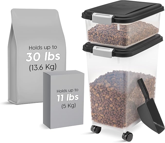 IRIS USA Dog Food Storage Container 30 lb + 11lb Airtight Combo, Stackable Pet Food Storage Bin with Wheels for Cat Dog Food, BPA Free, Made in USA, Black | Stackable Pet Food Plastic Storage Bins with Wheels for Cat and Dog Food, Made in USA
