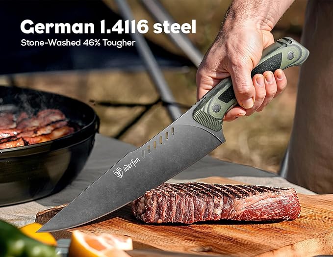8 inch Chef Knife with Leather Sheath, G10 Handle Kitchen Knife | Ultra Sharp Stainless Stee Blade, Full Tang, Gyuto Style for Home Cooking and Outdoor Camping, Knives for Men Him Husband