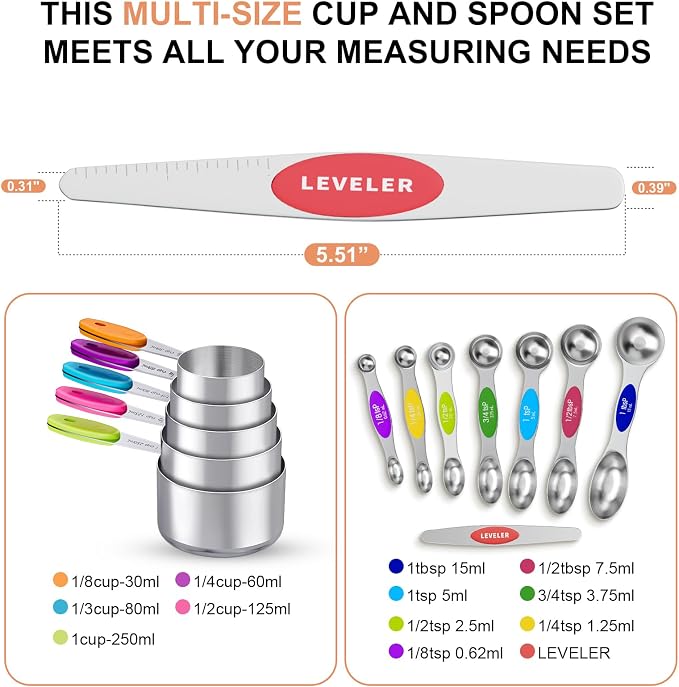 13-Piece Measuring Cups and Magnetic Spoons Set, 5 Stainless Steel Measuring Cups, 7 Double-Sided Magnetic Measuring Spoons & 1 Leveler for Cooking and Baking (5+7+1)