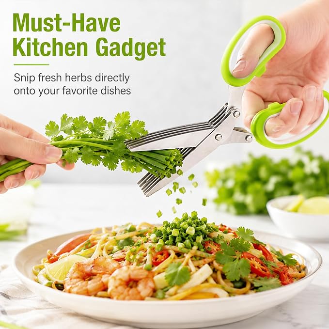 Herb Scissors, Kitchen Shears for Lettuce, Cilantro, Green Onion & Parsley | Must Have Kitchen Gadgets for Home, to Make Life Easier, Cilantro Salad Chopper Scissors, 5 Sharp Blades, Dishwasher Safe