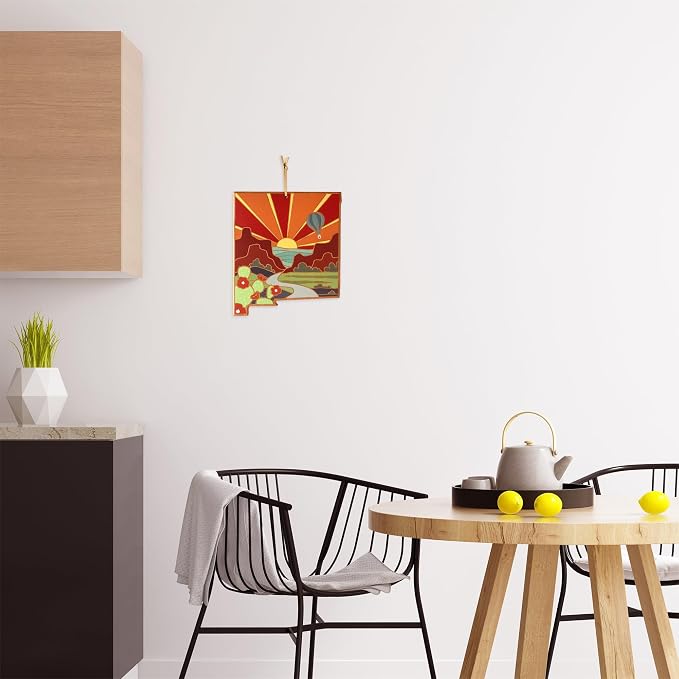 Totally Bamboo New Mexico State Shaped Cutting Board, Summer Stokes Art | State charcuterie board with colorful hand-drawn landscape art. Smooth reverse side for food prep. Hang tie for wall display.