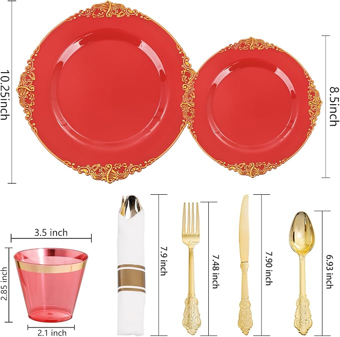 Nervure 175Pcs Red Plastic Plates, Disposable Party Plates for 25 Guests | 25 7.5" Dessert & 25 10.25" Dinner Plastic Plates, 75 Gold Cutlery, 25 9oz Cups, 25 Napkin for Wedding & Party, Heavy-duty