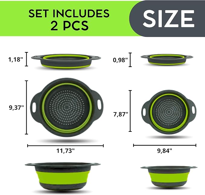 Green Kitchen Strainer Colander Set - 2 PCS Multifunctional Colander Silicone Food Strainers for Kitchen for Pasta and Spaghetti Collapsible with Plastic Handles
