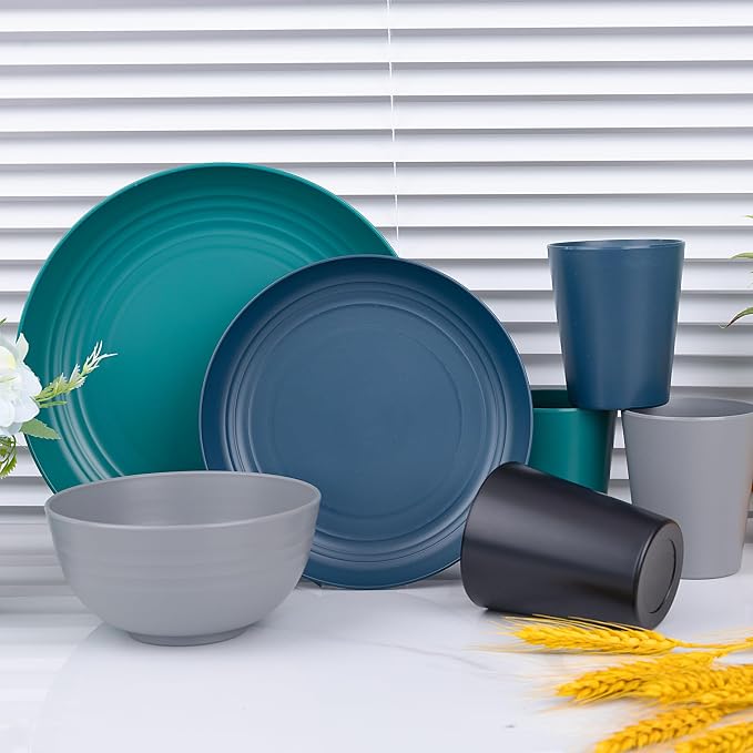 32 Pcs Assorted Colors Wheat Straw Dinnerware Set for 8 Camping | Includes Plates,Bowls & Cups In Multi Colors (Dark Blue,Green,Grey,Black),Unbreakable Heavy-Duty Plastic for RVs & Parties