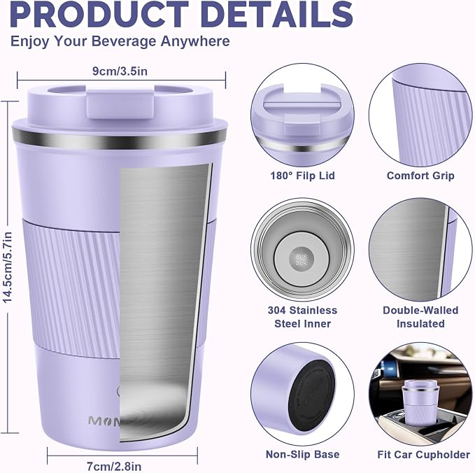 MOMSIV 12oz Travel Coffee Mug, Insulated Coffee Cup with Leakproof Lid | 6-Hour Heat Retention, 360°Leak proof, Vacuum Stainless Steel Double Walled, BPA-free, Reusable And To Go Coffee Mug