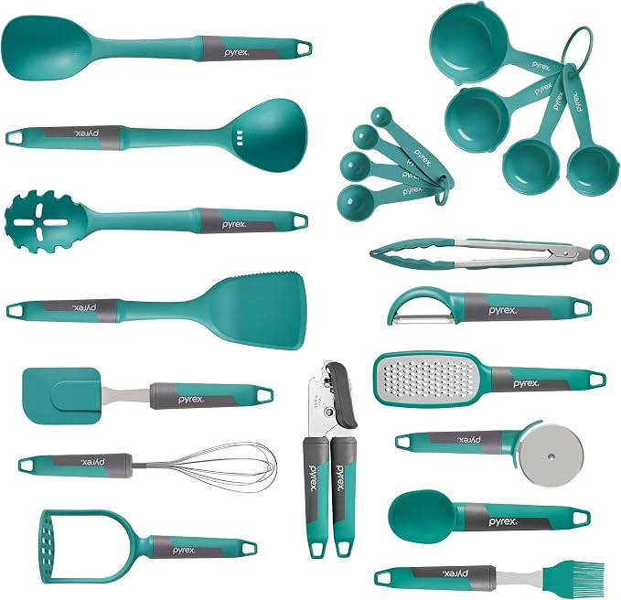 Pyrex 22-Piece Kitchen Cooking Utensils Set, Nonstick Cooking Gadgets | Spatulas, pizza wheel, grater, measuring, made without lead, cadmium, & BPA