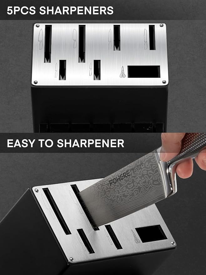 Knife Set, FOHERE 14 Pieces Kitchen Knife Set with Built-in 5 x Sharpeners, Waved Texture Knife Set with Block, Stainless Steel Knife Block Set, Sharp Knives Set with Ergonomic Handle