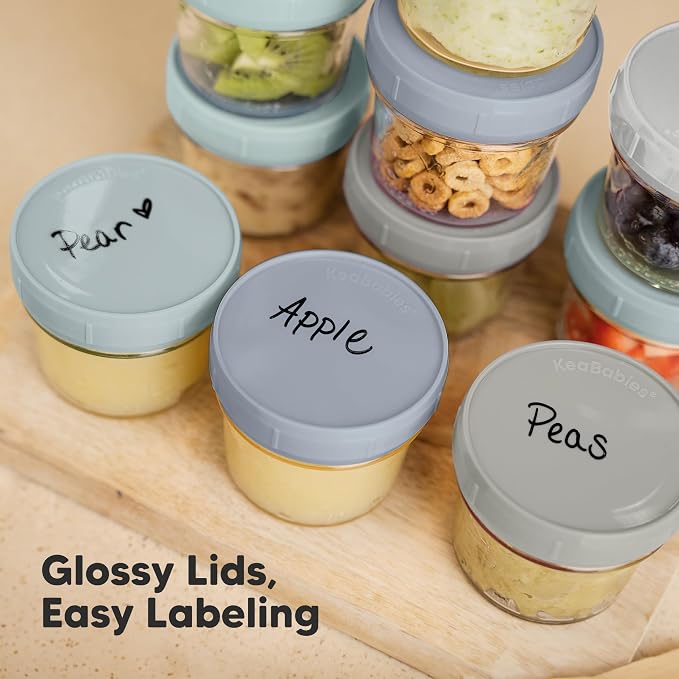 KeaBabies 12pk 4oz Glass Baby Food Containers with Lids, Leak-Proof (Slate) | Microwavable Small Glass Jars, Baby Purees, Toddler Snack Storage Containers, BPA-Free, Dishwasher-safe, Freezer Safe