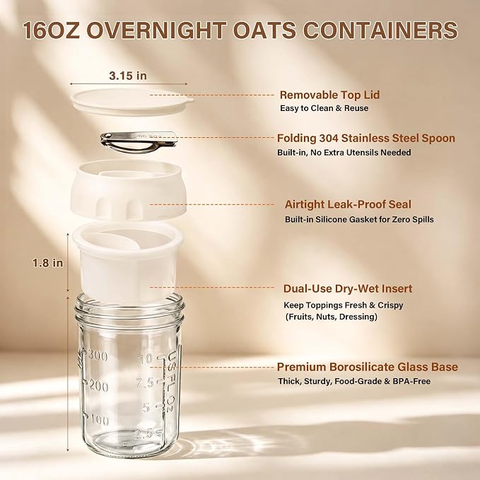 2 Pack Overnight Oats Containers with Lids & Foldable Spoon, 16oz Glass Oatmeal Jars with Divided Compartment, Portable Meal Prep Yogurt Parfait Cups for Breakfast