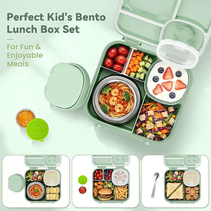 wiwens Kids Bento Lunch Box with Soup Thermo Food Lunch Container for Kid | 4 Compartment Leak-Proof Kids Lunch Box,9oz Stainless Steel Insulated Hot Food Jar,for Boys Girls Toddler to School Travel