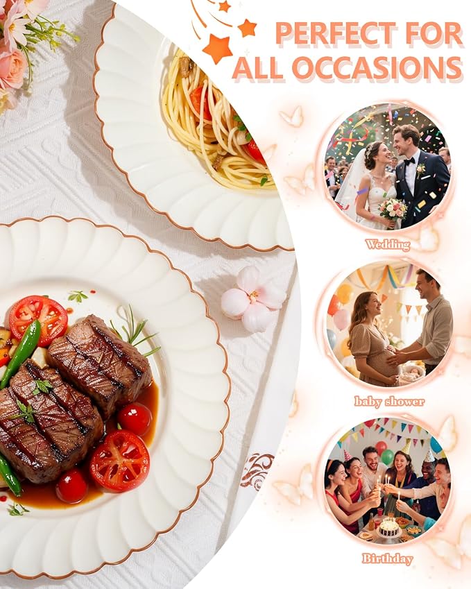 YOUBET 175PCS Ivory Scalloped Plastic Plates with Rose Gold Rim for Party | Rose Gold Disposable Dinnerware Set Include 50 Plates, 75 Rose Gold Silverware, 25 Cups, 25 Napkins for Wedding Baby Shower