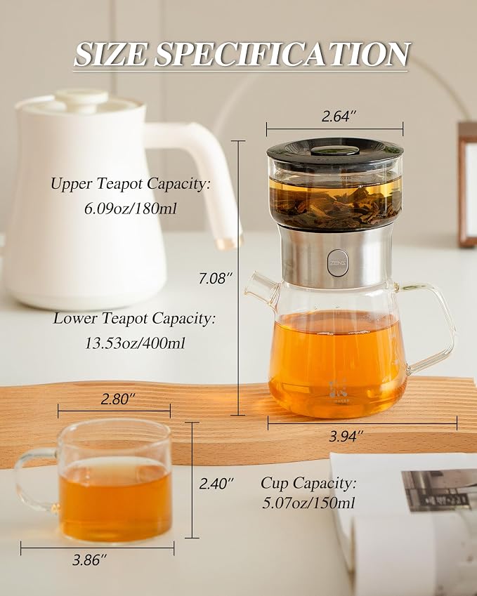 ZENS Modern Glass Infuser Pot Set with 2 Cups, One Touch Loose Tea Maker | Magic Tea Pot, Mess free Tea Steeper with 13.5oz Glass Teapot, TeaDiffusers for Herbal Tea Lovers, Black