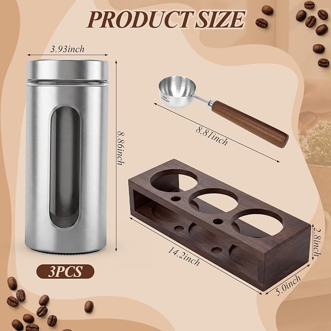 Stainless Steel Coffee Grounds Canisters Container with Shelf | 3 x 50oz, Sugar Coffee Bean Storage Container Set, Airtight Threaded Lid, Glass Window, Scoop, Kitchen Jar for Coffee Bar
