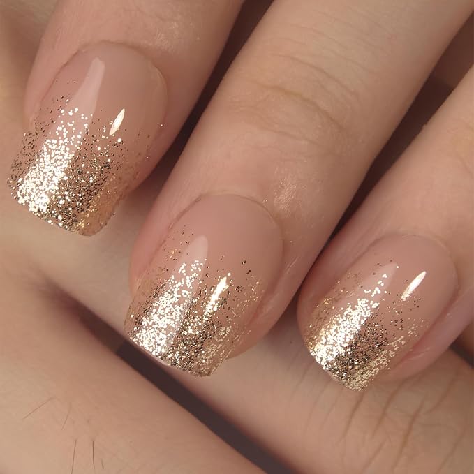 CurvLife Short Square Press On Nails, Fluid Gold,Soft Gel | 32PCS, 16 Sizes, Salon-Quality Natural Fake Nails, Curved Fit, 7-14 Day Glue-On Wear, Reusable Stick-On Nails, Press-On Kit