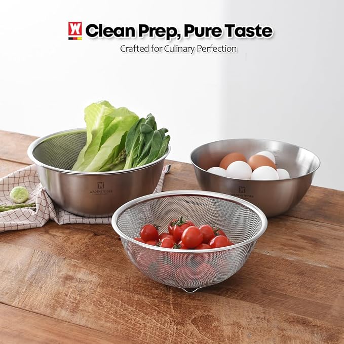WAGENSTEIGER Stainless Steel Mixing Bowl and 3-Legged Colander Set, Multipurpose Kitchen Basket with Fine Mesh Colander, Salad Mixing Bowl with Strainer, Rinsing Vegetables & Fruits (24cm / 9.45")
