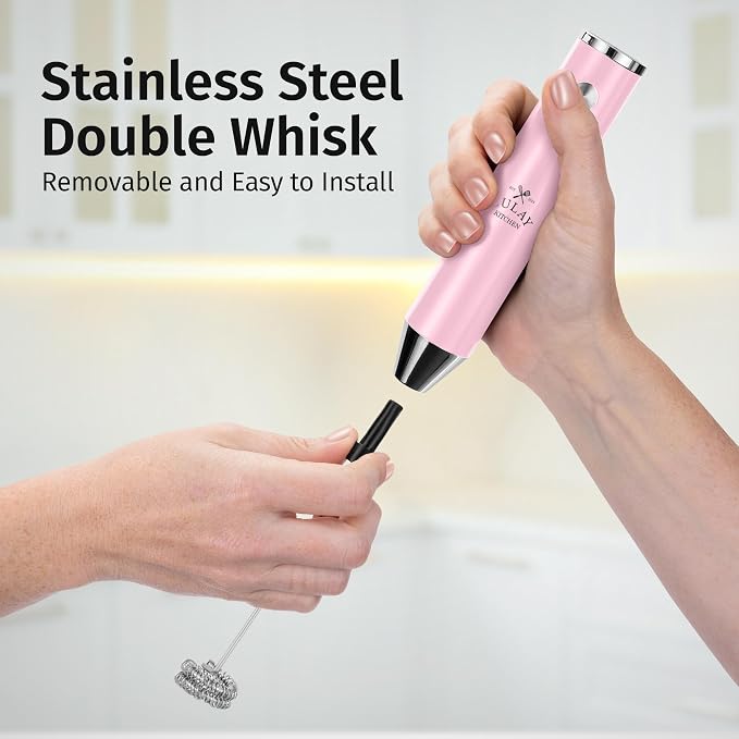 Zulay Kitchen Rechargeable Milk Frother Handheld - Frother Wand, Drink Mixer, Electric Whisk Frother, for Cappuccinos, Matcha & Protein Powder - Lux Double Whisk 2 Speed Waterproof 2000mAh Pink