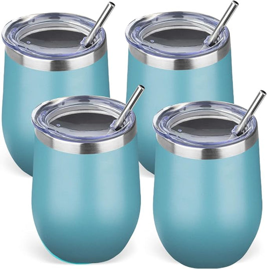12oz/4 Pack Stainless Steel Wine Tumbler with Lid and Straw, Double Wall Vacuum Insulated Wine Tumbler Glasses, Stemless Travel Mugs for Hot and Cold Drinks, Coffee, Wine, Cocktails (Maya Blue)