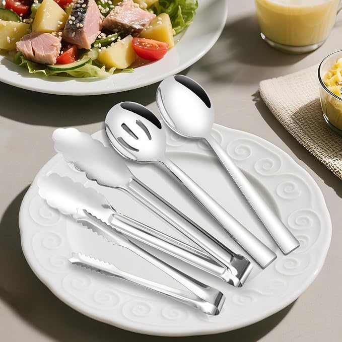 12 Piece Serving Utensils, Amafox Stainless Steel Serving Utensils Set Include Large Spoons, Slotted Spoons, Ktichen Tongs, Ice Tongs for Party Buffet Catering Banquet (Silver)