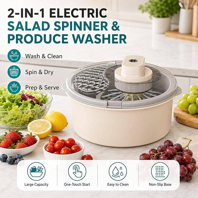 Electric Fruit Cleaner Spinner, 2-in-1 Salad Spinner, Strainer & Food Dryer, Multifunctional Fruit & Vegetable Washing Spinner Bowl, Home One-Touch Cordless Produce Cleaner Device (Yellow,Manual)