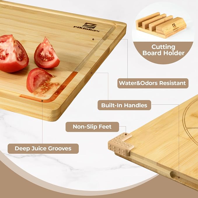 Bamboo Cutting Boards Set of 4 for Kitchen with Wood Storage Stand | Premium Chopping & Charcuterie Board with Juice Groove, Non Slip Feet and Easy-Grip Handles, Steak Serving Tray, Gift Box