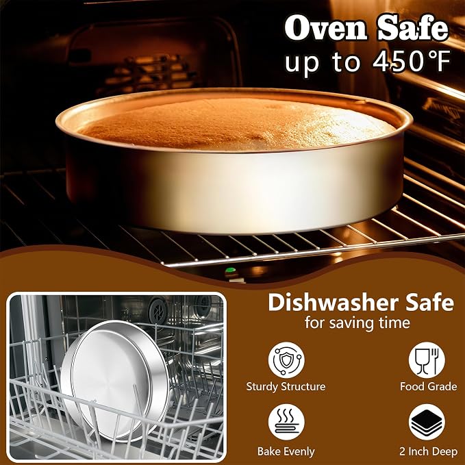 LIANYU Cake Pan 9 Inch Round, Stainless Steel Round Wedding Cake Baking Pan | Metal Birthday Baking Tin Oven Pan for Layer Cake Brownie Lasagna, Leak Proof, Dishwasher & Pot Safe