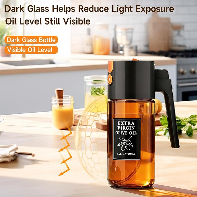 2-in-1 Dark Glass Oil Sprayer & Dispenser, Black Fine Mist No-Drip | 500ml dark glass for air fryer, BBQ, grilling & daily cooking; food-safe, 304 filter, wide-mouth refill and cleaning.