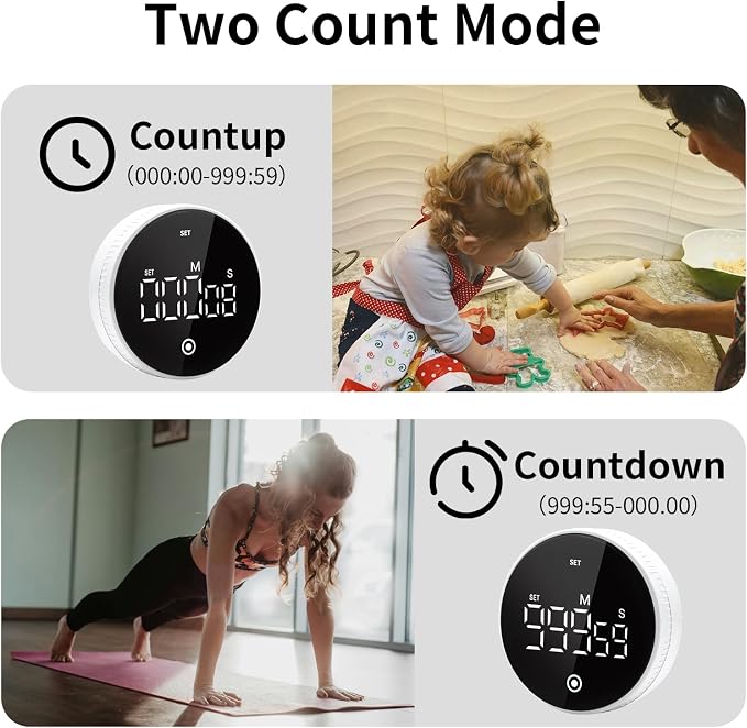 Digital Kitchen Timer, Magnetic Visual Countdown Countup Timer with Large LED Display, Adjustable Volume, Easy for Seniors and Kids, for Cooking, Classroom, Fitness, Study (White)