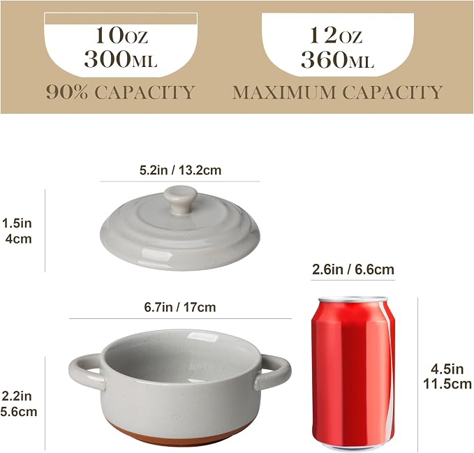 MALACASA Mini Cocotte Set of 4, 12 OZ Ramekins with Lids and Handles | Small Casserole Dishes for Oven, Ceramic Baking Dishes Set, Single Serving, Microwave & Dishwasher Safe, Khaki Grey