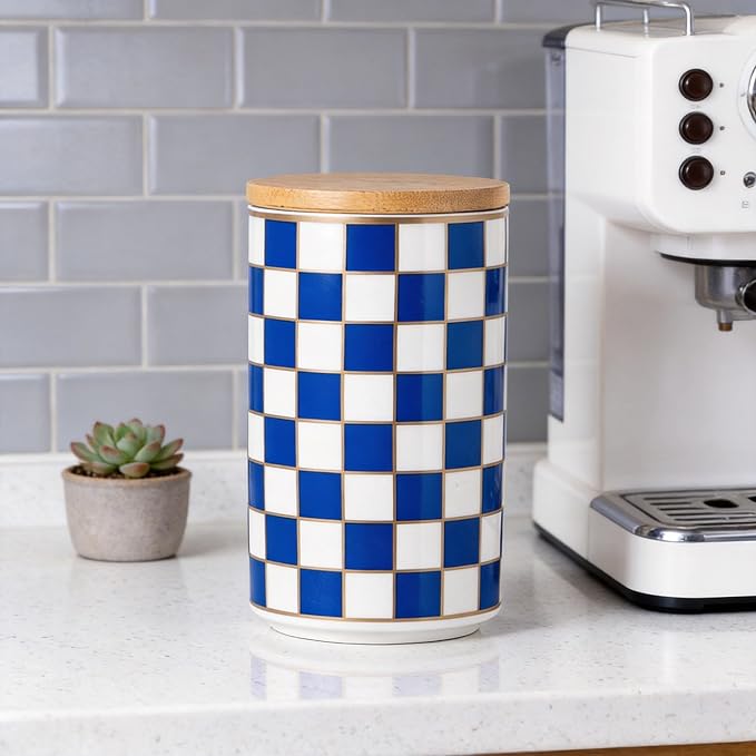 Kitchen Countertop Ceramic Checkered Canisters,Black And White Food Storage Containers With Lid,Airtight Kitchen Canisters for Flour, Sugar, Coffee, Tea, and Dry Goods (Blue, Large)