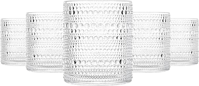 cosnou Glassware Set of 6, 13 OZ/390ml Hobnail Kitchen Glassware, Embossed Vintage Glass for Water, Cocktail, Soda, Beverage, Juice