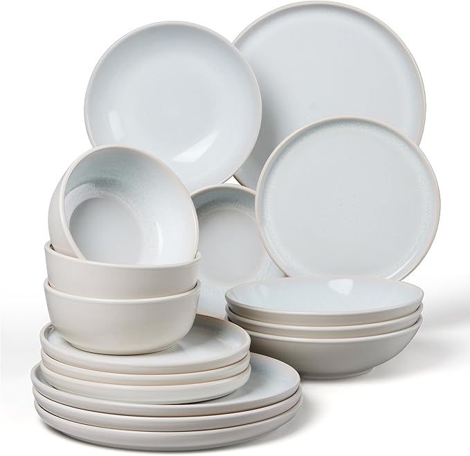 LIANYU 16 Piece Dinnerware Sets with Pasta Bowls for 4, Dusk White | Stoneware Plates and Bowls Set, Modern Dinning Ware Dishware Set, Microwave and Dishwasher Safe
