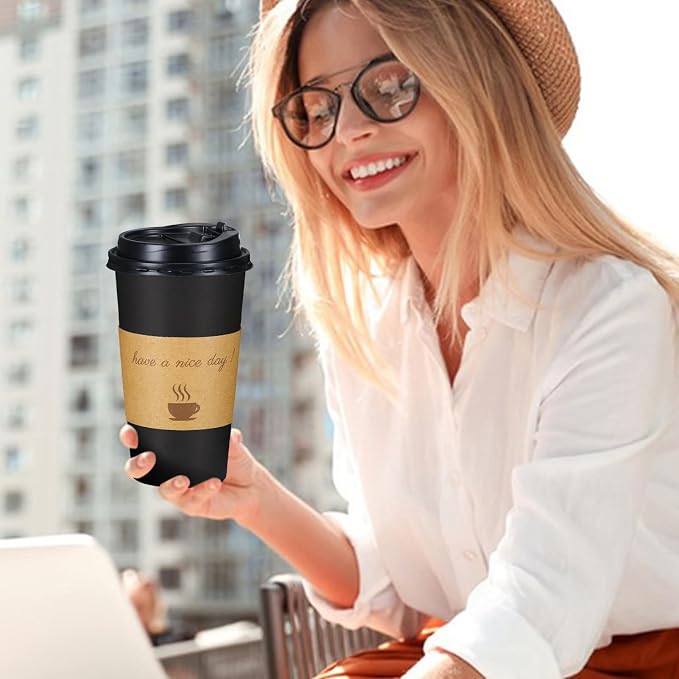 Lamosi 20 oz Coffee Cups 50 Pack, Disposable To Go Paper Cups with Lid | Hot Insulated Cups with Lids, Stir Sticks and Sleeves for Cold Drinks, Tea and Latte, Cafe, Travel and Home Use