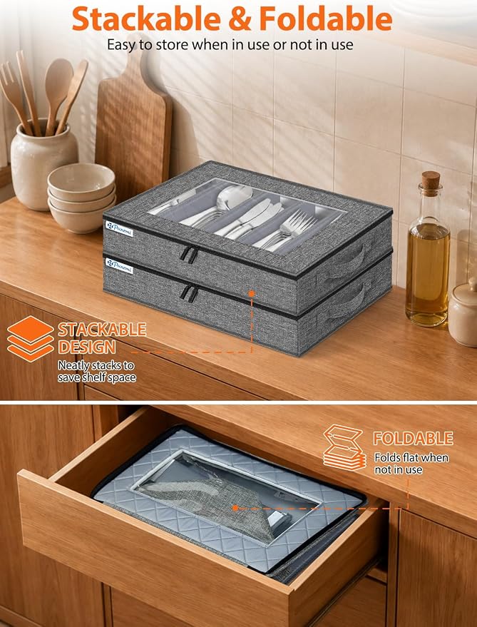 punemi Hard Shell Silverware Storage Box, Flatware Organizer, 2 Pack, Gray | Adjustable Dividers, Clear-Window Zippered Lids, for Spoons, Forks, Knives, Serving Utensils, Kitchen & Moving Storage
