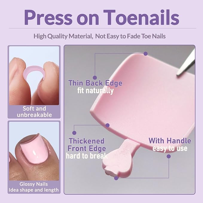 AddFavor 160pcs Pink Press on Toenails for Women, Full Cover Fake Toe Nail Tips with Adhesive Tabs, Artificial Pedicure Toe Nail Press ons, Pink False Toenail Press ons