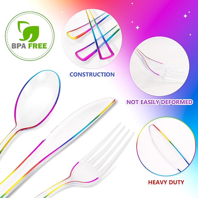 180 PCS Rainbow Plastic Silverware - Clear Colorful Cutlery Disposable Heavy Duty Include 60 Forks, 60 Knives and 60 Spoons - Colorful Disposable Utensils for Trolls Party/Birthday Party