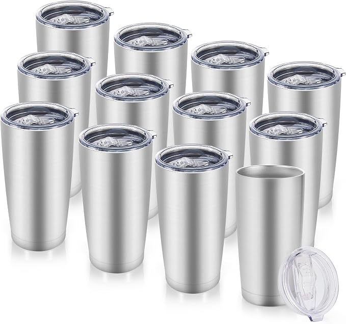 20 oz Tumblers Bulk Stainless Steel Tumbler with Lid Double Wall Vacuum Insulated Coffee Mug 20oz Powder Coated Cup for Hot and Cold Drinks, Stainless, 12 pack | Stainless, 20oz Insulated Coffee Mug, Double Wall Vacuum, Powder Coated Cup, for Hot and C...