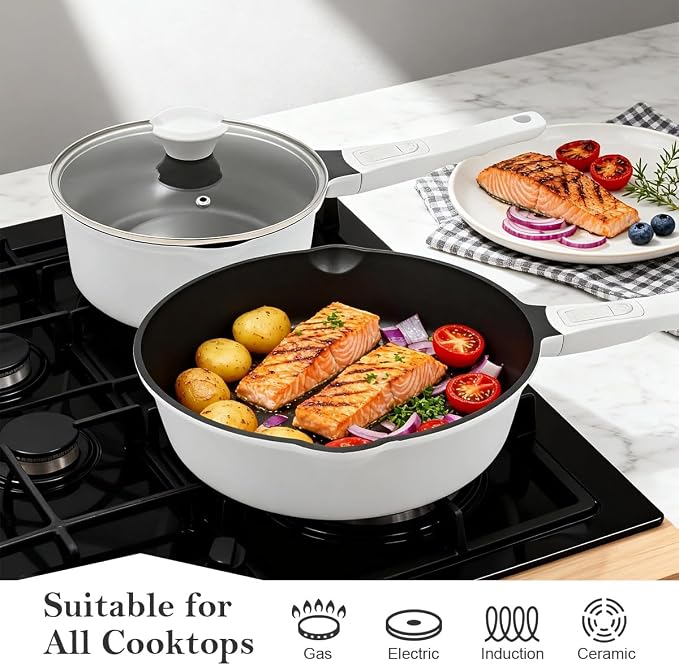 12 Inch Deep Frying Pan Skillet with Lid, Large Saute Pan Non Stick, White | 5 QT Cooking Pan with Detachable Handle, Suitable for All Stoves Including Induction, Oven Safe, PTFE & PFAS & PFOA Free