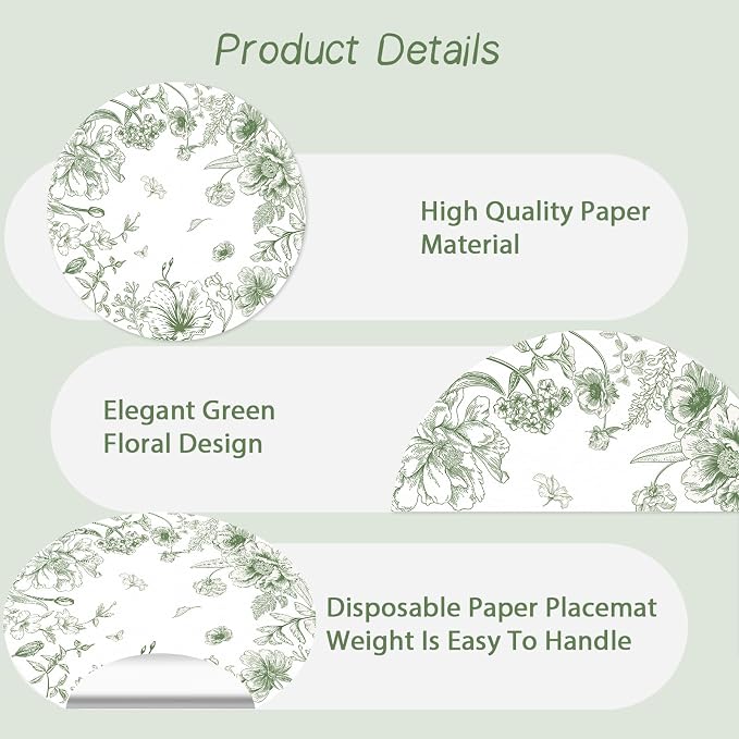 50 Pack Paper Placemats Disposable Green Floral Placemats 13.7 Inch Vintage Sage Green Flower Place Mats Chinoiserie Round Table Mats for Dinner Table Setting Birthday Wedding Party Supplies
